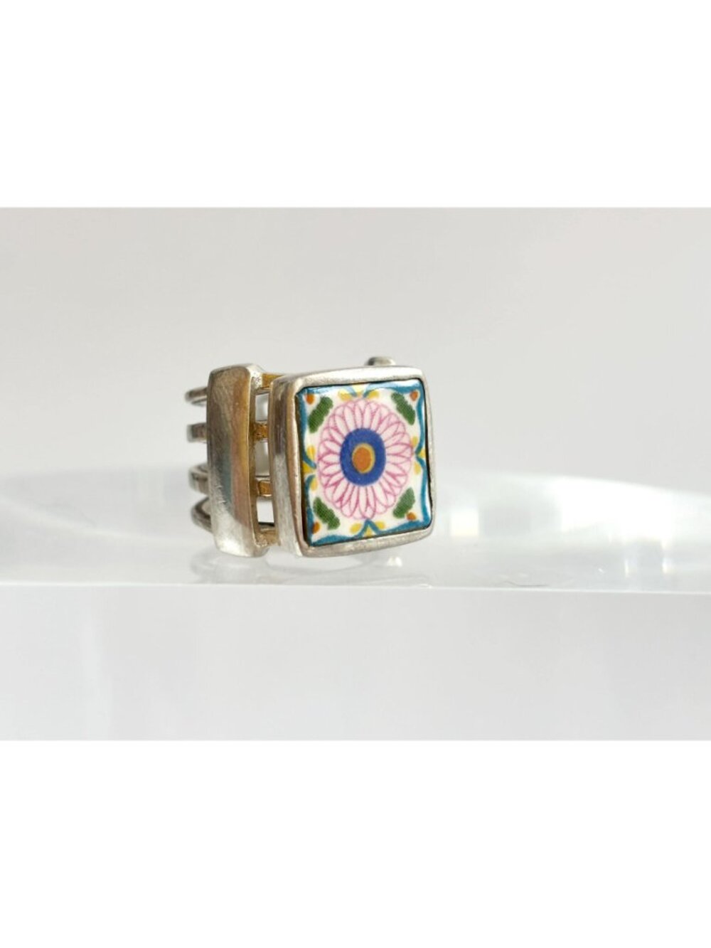 Porcelain Floral Painted Tilework Chunky Sterling Silver 925 Vintage Ring - sz 5 - Picture 4 of 16
